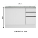 Bajo Mesada Cocina 120 x 60 cm 2 Puertas e 3 Cajones (Con Mesada) Blanco Glamy Madesa