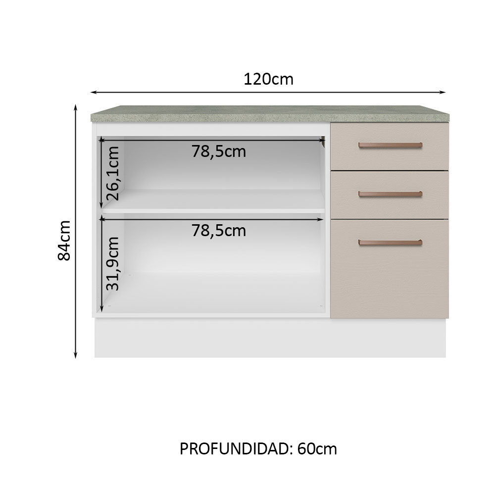 Bajo Mesada Cocina 120 cm x 60 cm, 3 Cajones 2 Puertas Agata Blanco/Crema