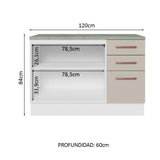 Bajo Mesada Cocina 120 cm x 60 cm, 3 Cajones 2 Puertas Agata Blanco/Crema