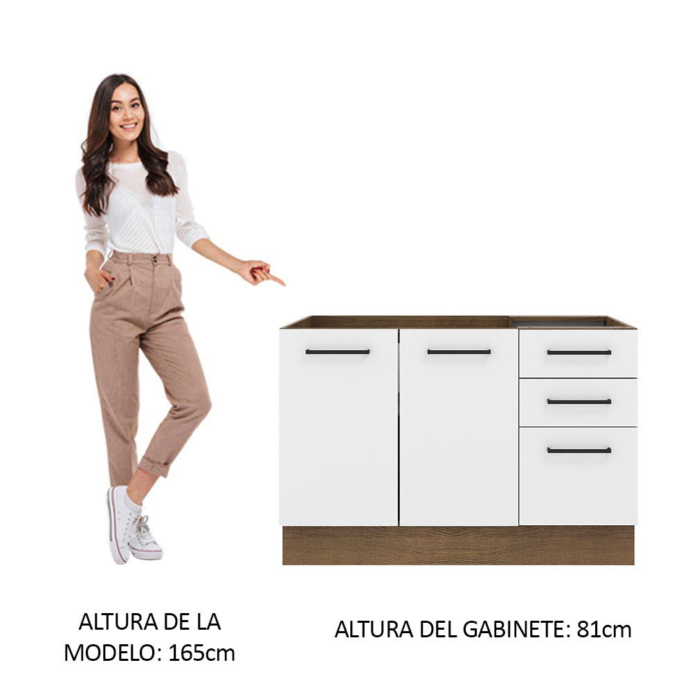 Bajo Mesada Cocina 120 cm x 60 cm, 3 Cajones 2 Puertas Agata Marrón/Blanco