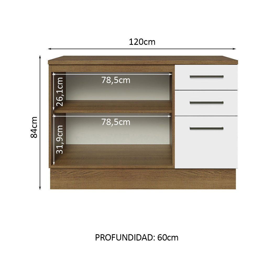 Bajo Mesada Cocina 120 cm x 60 cm, 3 Cajones 2 Puertas Agata Marrón/Blanco