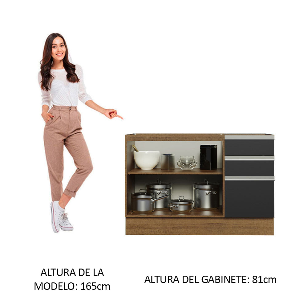 Bajo Mesada Cocina 120 x 60 cm 2 Puertas e 3 Cajones (Sin Mesada) Marrón/Negro Glamy Madesa