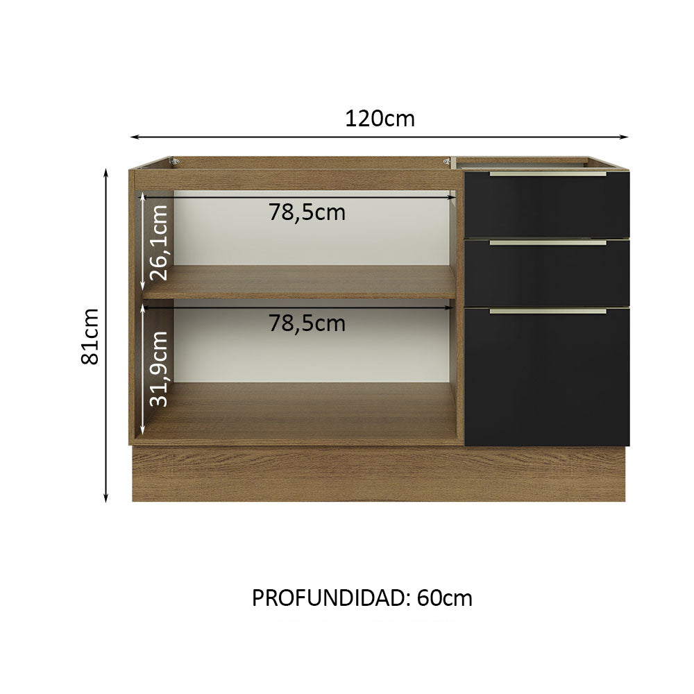 Bajo Mesada Cocina 120 cm x 60 cm, 3 Cajones 2 Puertas Lux Marrón/Negro