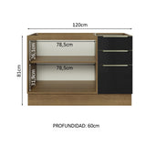 Bajo Mesada Cocina 120 cm x 60 cm, 3 Cajones 2 Puertas Lux Marrón/Negro