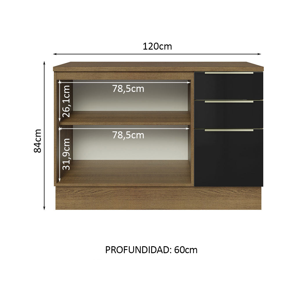 Bajo Mesada Cocina 120 cm x 60 cm, 3 Cajones 2 Puertas Lux Marrón/Negro