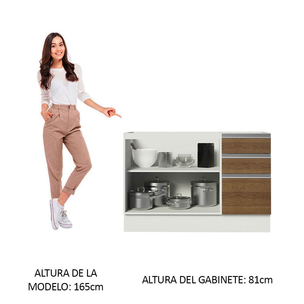 Bajo Mesada Cocina 120 cm x 60 cm, 3 Cajones 2 Puertas Glamy Blanco/Marrón