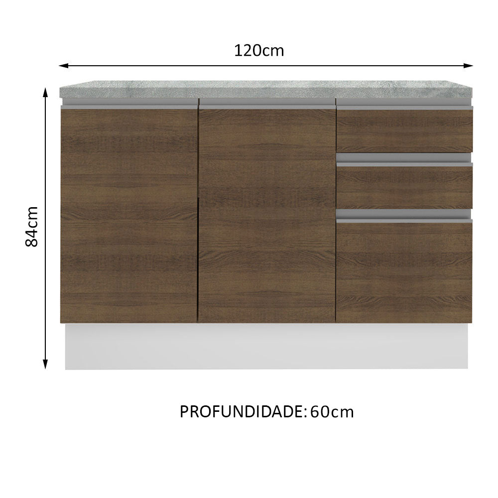 Bajo Mesada Cocina 120 x 60 cm 2 Puertas e 3 Cajones (Con Mesada) Blanco/Marrón Glamy Madesa