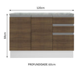 Bajo Mesada Cocina 120 x 60 cm 2 Puertas e 3 Cajones (Con Mesada) Blanco/Marrón Glamy Madesa