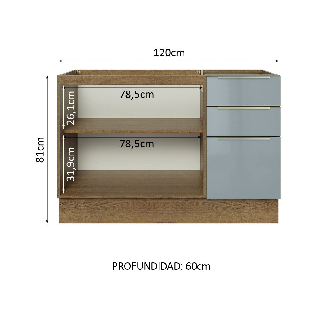 Bajo Mesada Cocina 120 cm x 60 cm, 3 Cajones 2 Puertas Lux Marrón/Gris