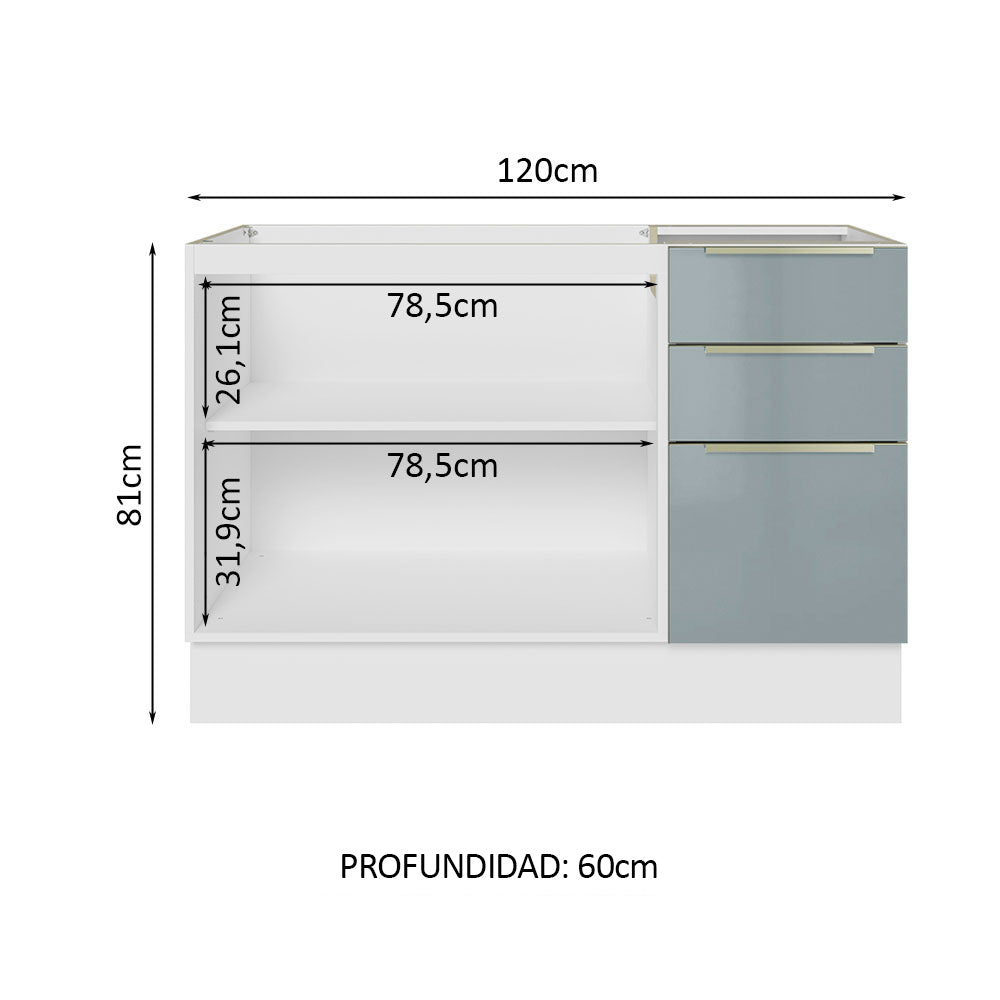 Bajo Mesada Cocina 120 cm x 60 cm, 3 Cajones 2 Puertas Lux Blanco/Gris