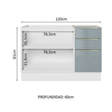 Bajo Mesada Cocina 120 cm x 60 cm, 3 Cajones 2 Puertas Lux Blanco/Gris