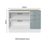 Bajo Mesada Cocina 120 cm x 60 cm, 3 Cajones 2 Puertas Lux Blanco/Gris
