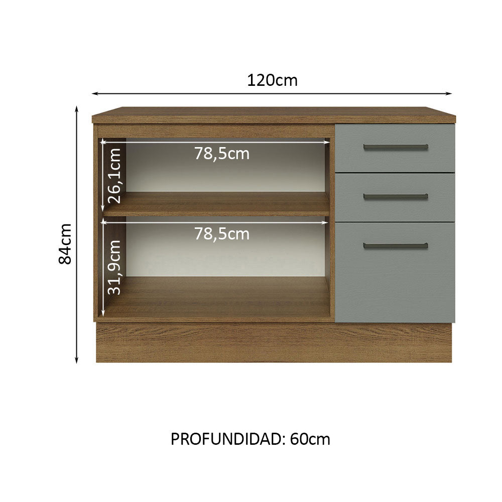 Bajo Mesada Cocina 120 cm x 60 cm, 3 Cajones 2 Puertas con Mesada Agata Marrón/Gris