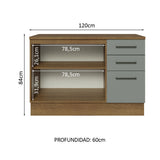 Bajo Mesada Cocina 120 cm x 60 cm, 3 Cajones 2 Puertas con Mesada Agata Marrón/Gris