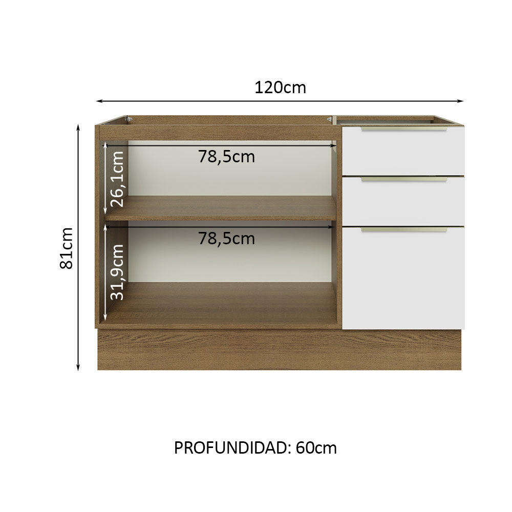 Bajo Mesada 120 cm x 60 cm, 3 Cajones 2 Puertas Lux Marrón/Blanco