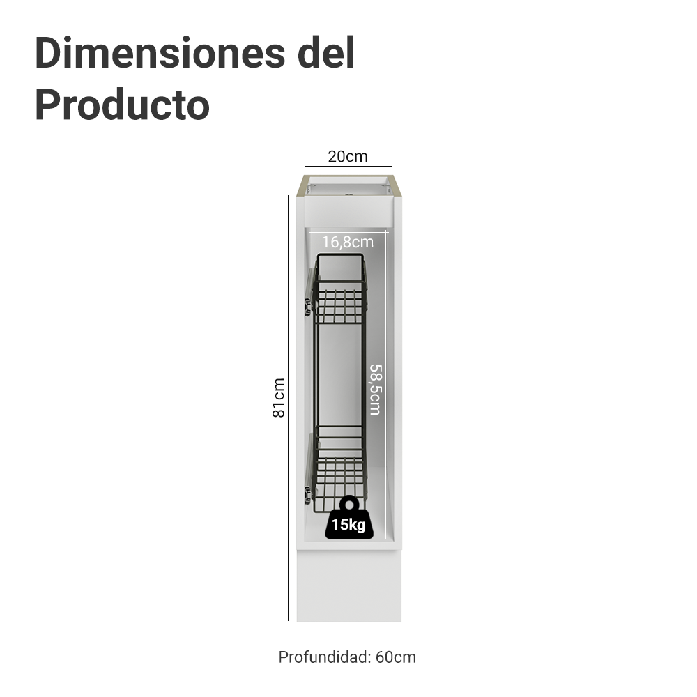 Especiero 20 cm X 60 cm, 1 puerta (Sin Mesada) Blanco/Negro Lux Madesa