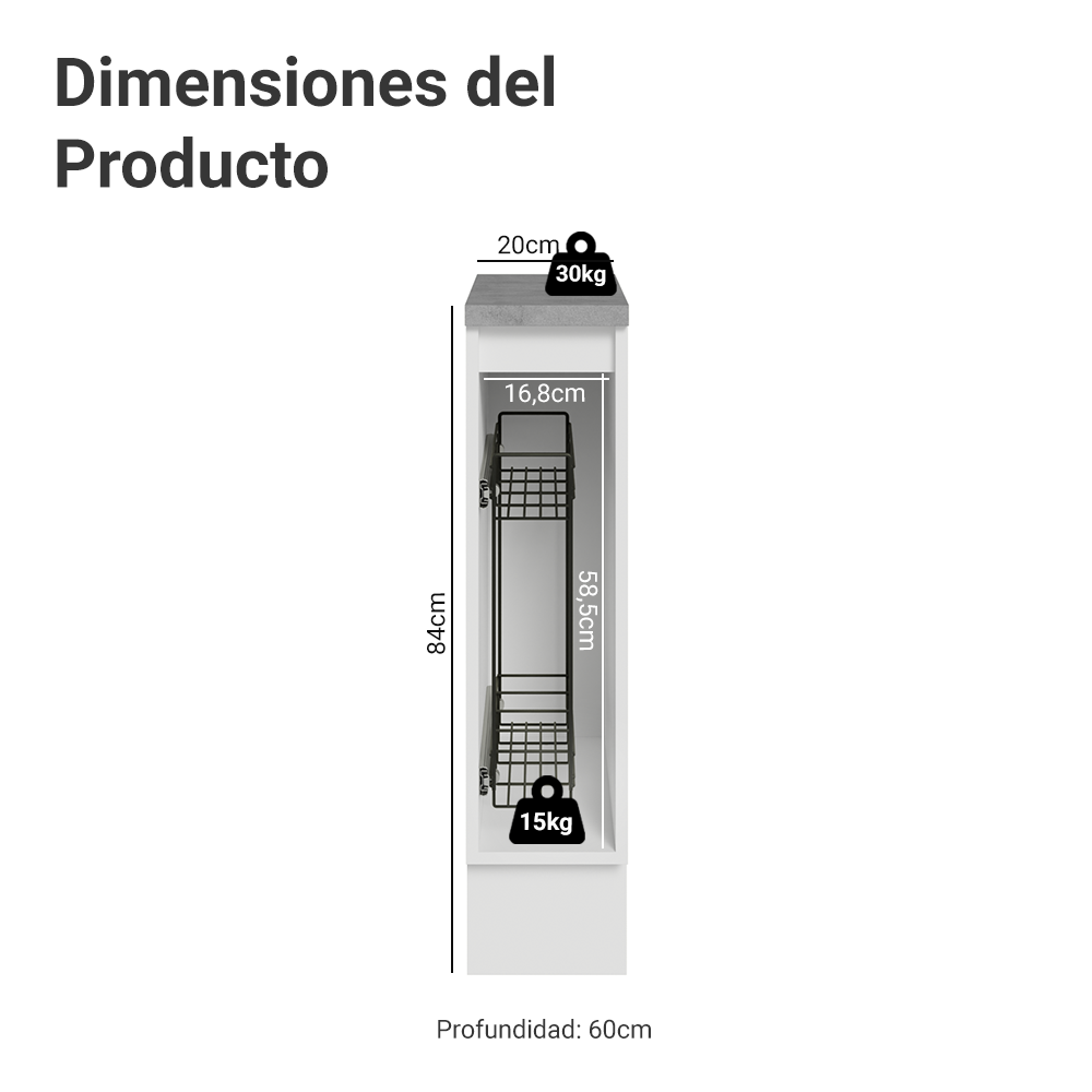 Especiero 20 cm X 60 cm, 1 puerta (Con Mesada) Blanco/Negro Lux Madesa