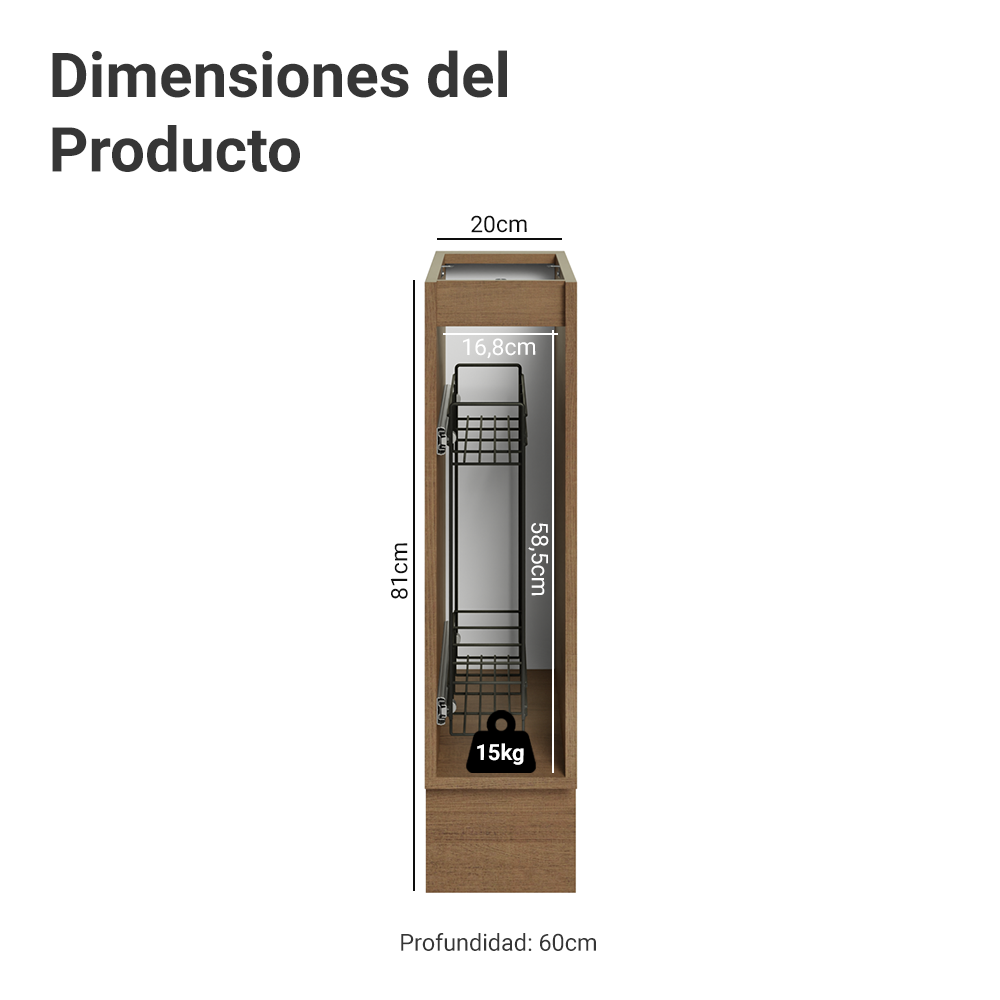 Especiero 20 cm X 60 cm, 1 Puerta (Sin Mesada) Marrón/Gris Lux Madesa