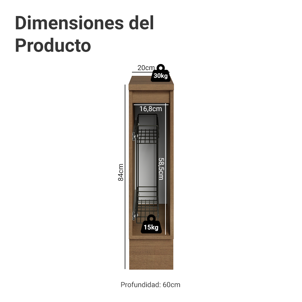 Especiero 20 cm X 60 cm, 1 puerta (Con Mesada), Marrón/Gris Lux Madesa