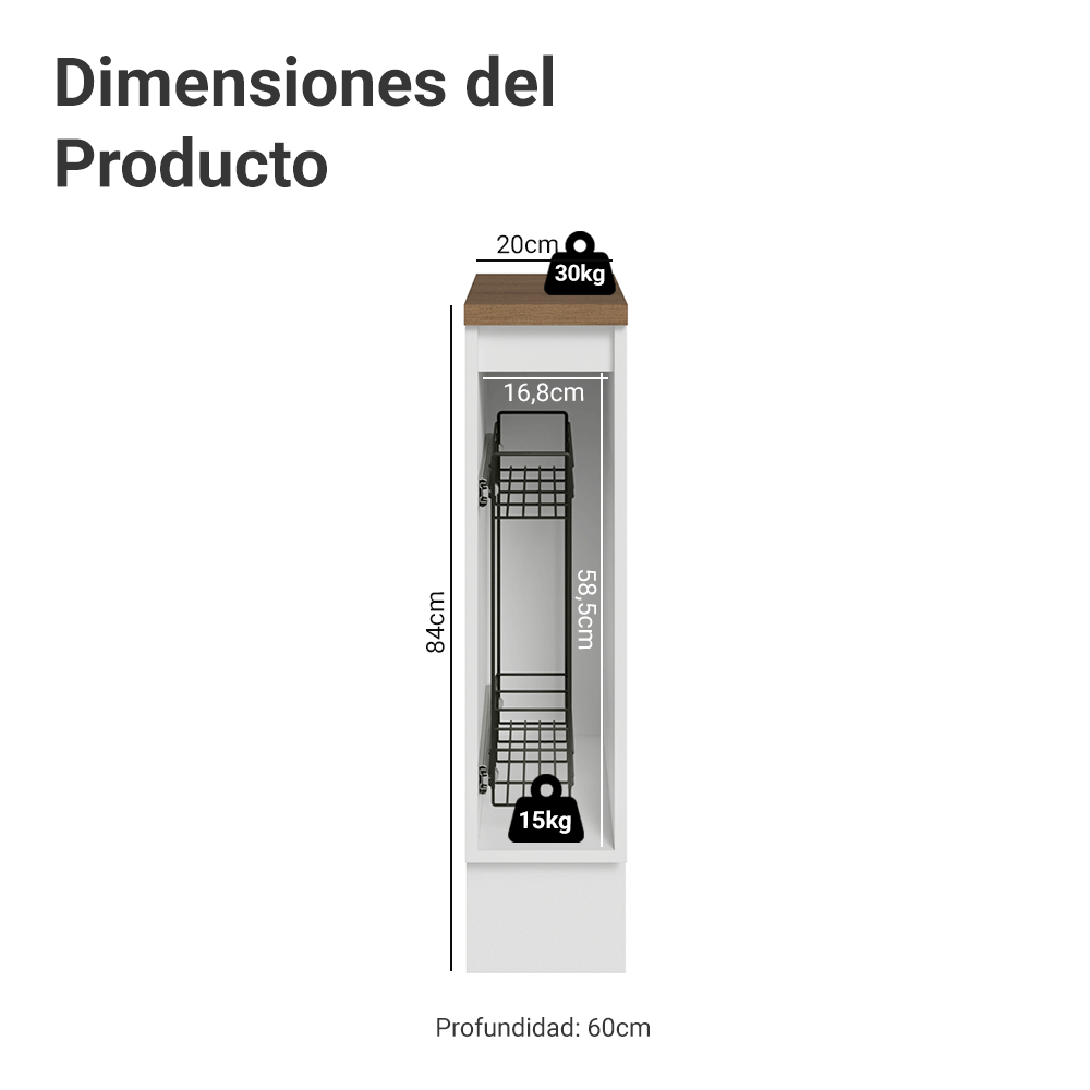Bajo Mesada Especiero 20x60 cm 1 Puerta (Con Mesada Marrón) Blanco Vik