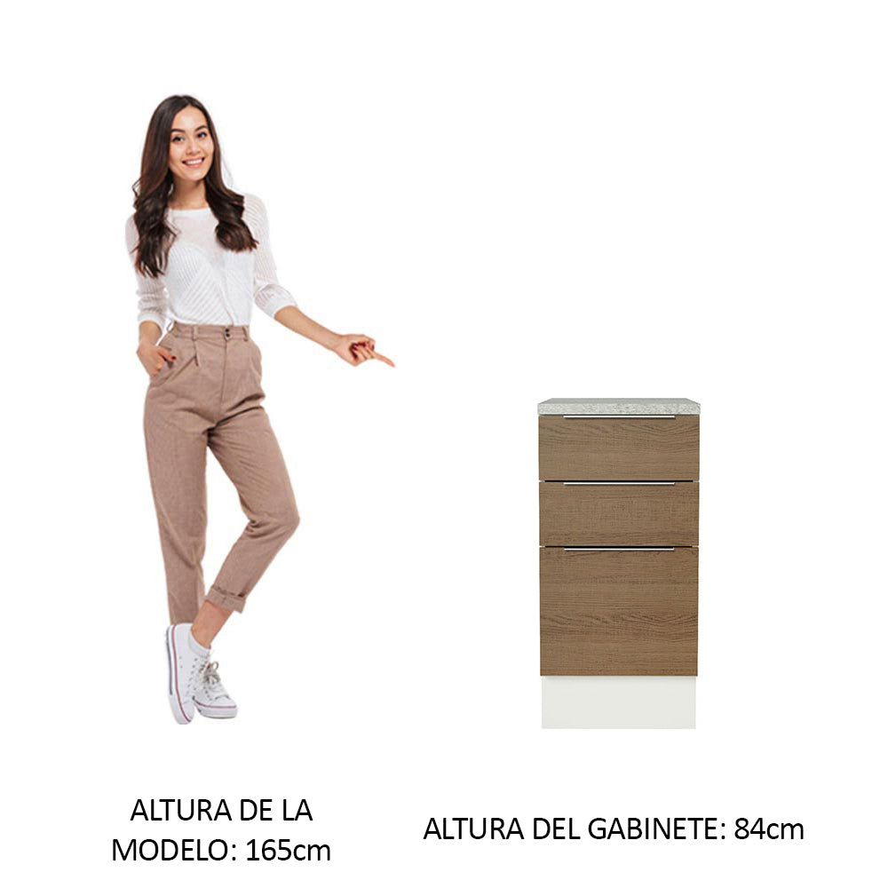 Bajo Mesada Cocina 40 x 60 cm 3 Cajones (Con Mesada) Blanco/Marrón Stella Madesa