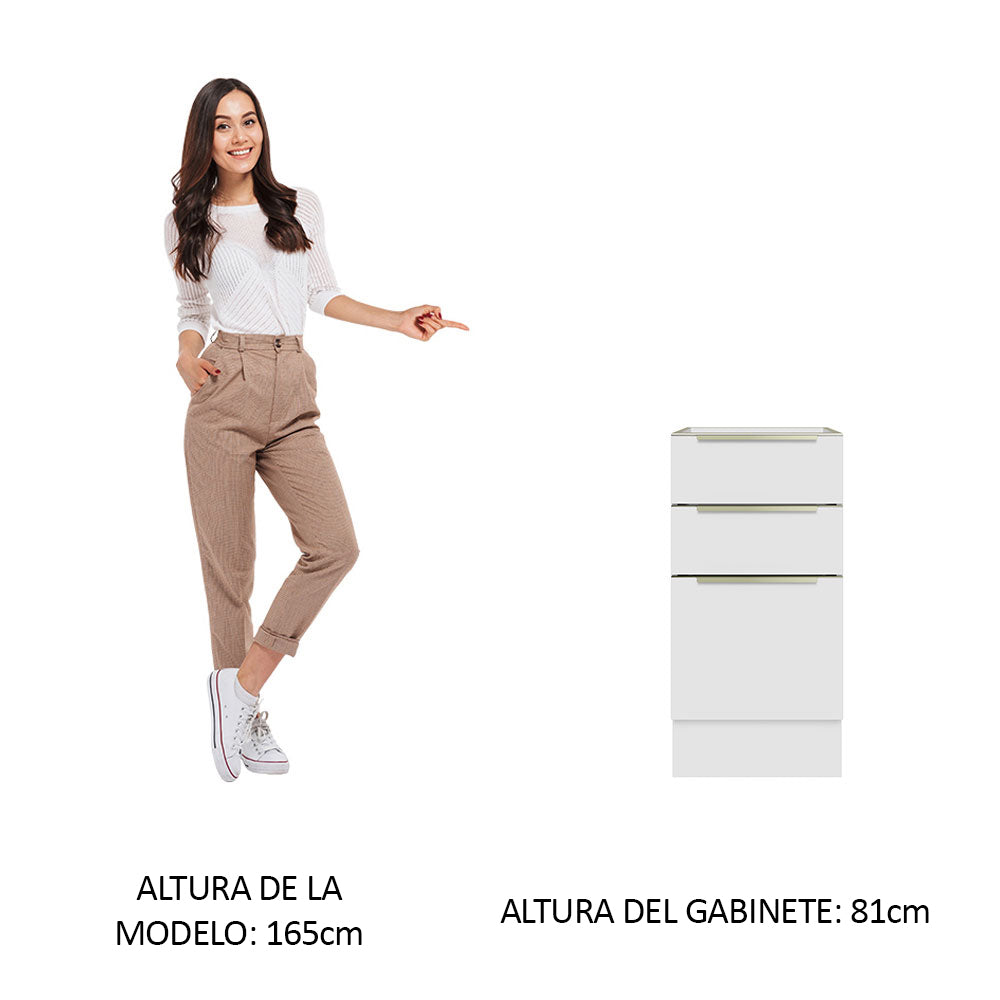 Bajo Mesada Lux 40 cm X 60cm 3 Cajones (Sin Mesada) Blanco/Blanco Aterciopelado Madesa