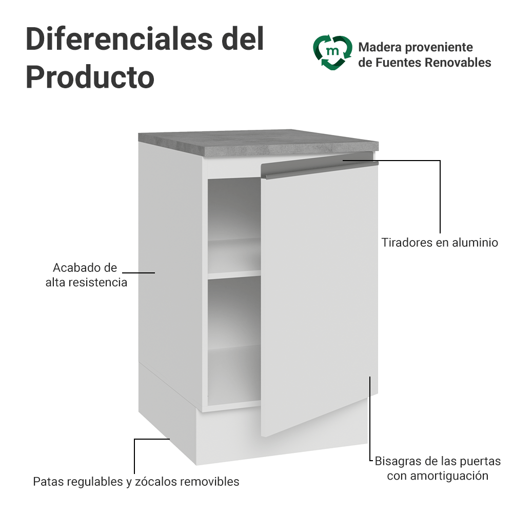 Bajo Mesada 50x60cm 1 Puerta (con mesada) Blanco Glamy