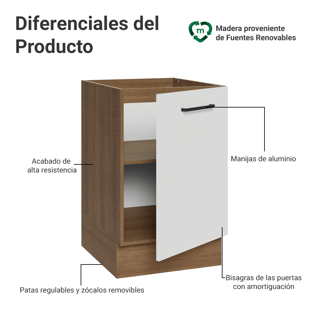 Bajo Mesada 50 x 60cm 1 Puerta (Sin Mesada) Ágata Marrón/Blanco
