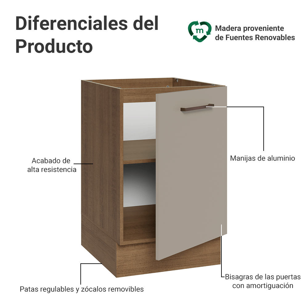 Bajo Mesada 50 x 60cm 1 Puerta (Sin Mesada) Ágata Marrón/Crema