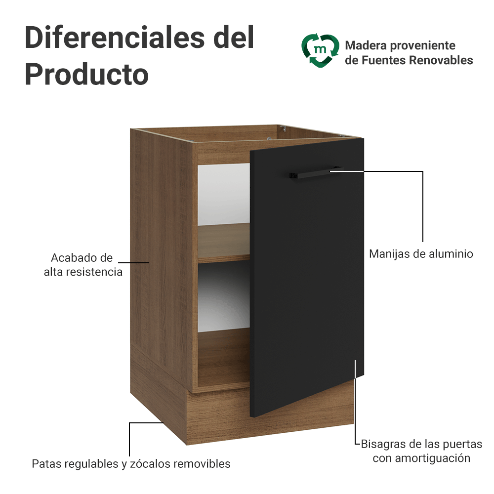 Bajo Mesada 50 x 60cm 1 Puerta (Sin Mesada) Marrón/Negro Agata