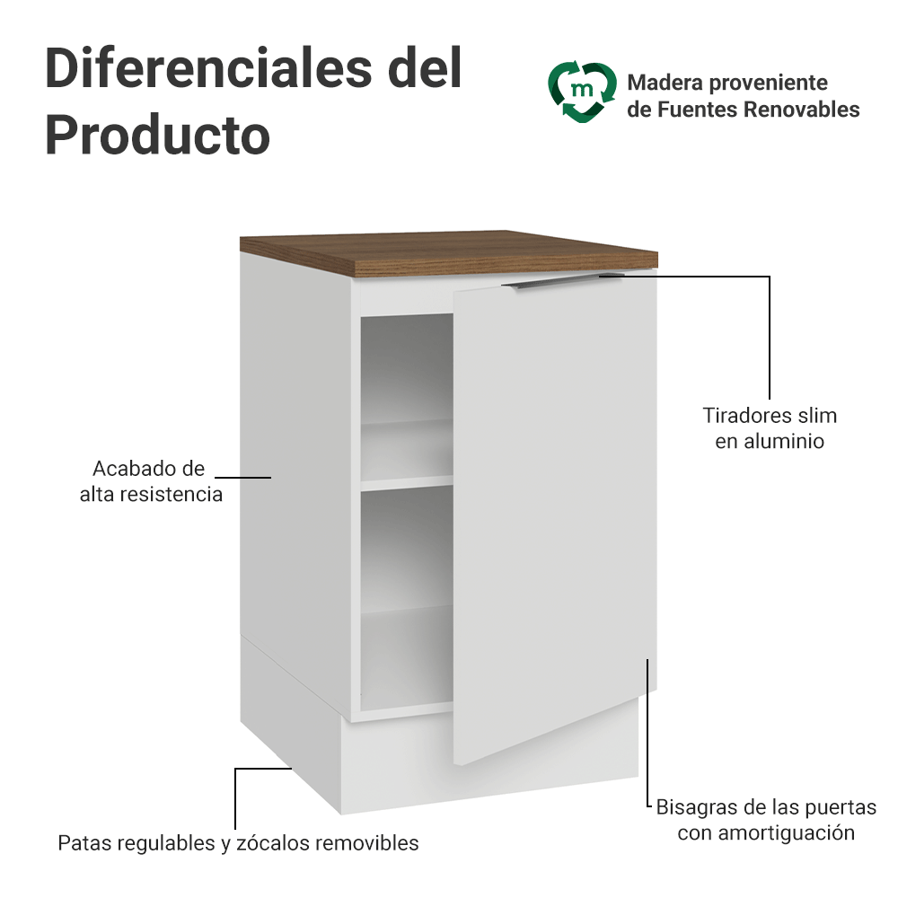 Bajo Mesada 50 x 60cm 1 Puerta (con mesada) Blanco/Marrón Stella