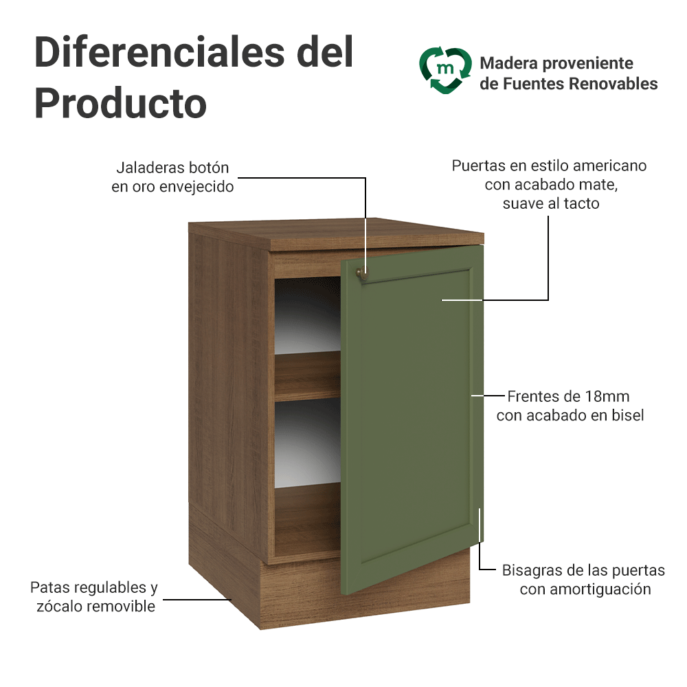 Bajo Mesada 50 x 60 cm 1 Puerta (con mesada) Marrón/Verde Vik