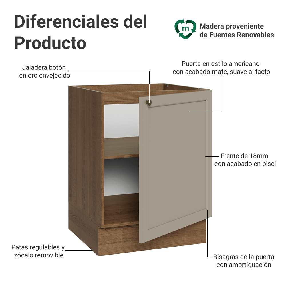 Bajo Mesada 60 x 60 cm 1 Pueta (Sin Mesada) Marrón/Crema Vik Madesa