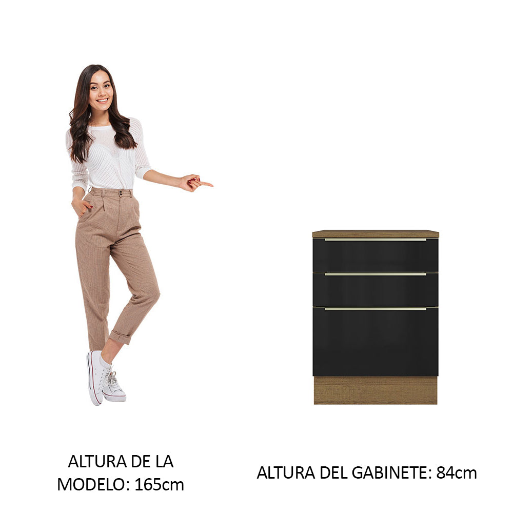 Bajo Mesada 60 cm x 60 cm, 3 Cajones Lux Marrón/Negro