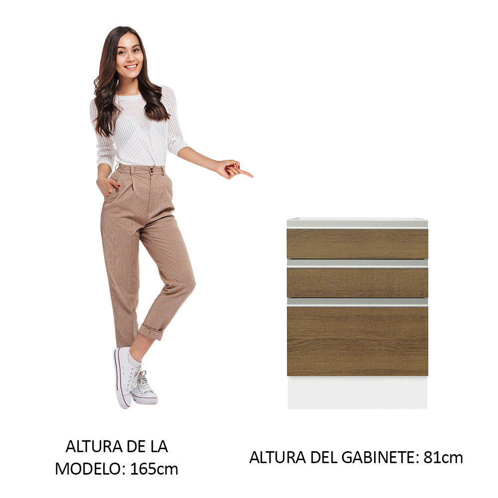 Bajo Mesada Cocina 60 x 60 cm 3 Cajones (Sin Mesada) Blanco/Marrón Glamy Madesa