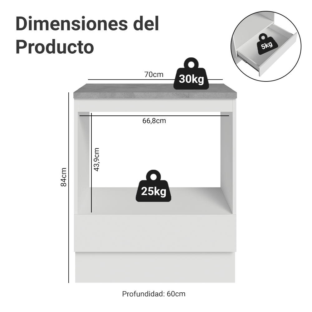 Bajo Mesada para Horno/Microondas 70 x 60 cm 1 Cajón (Con Mesada) Blanco Madesa