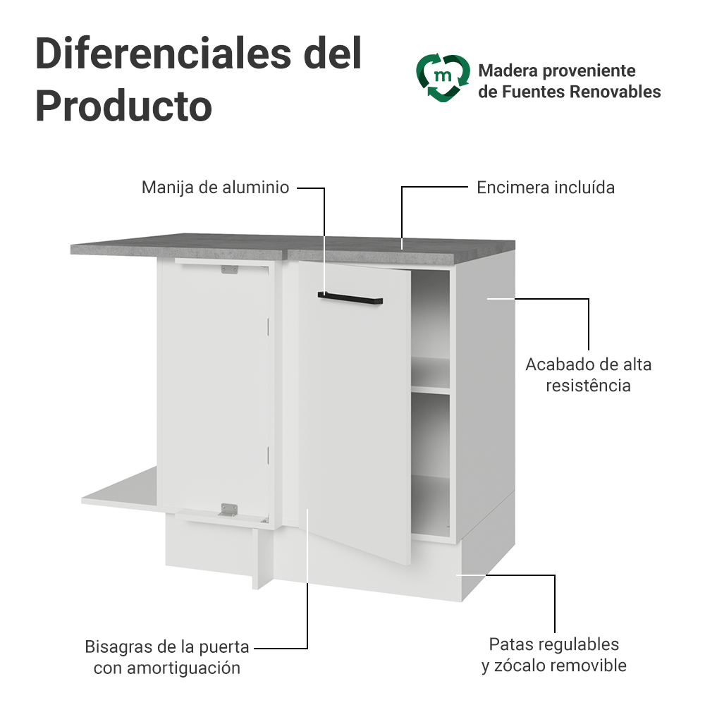 Bajo Mesada Esquinero 102 x 64 cm 1 Puerta (Con Mesada) Blanco Agata Madesa
