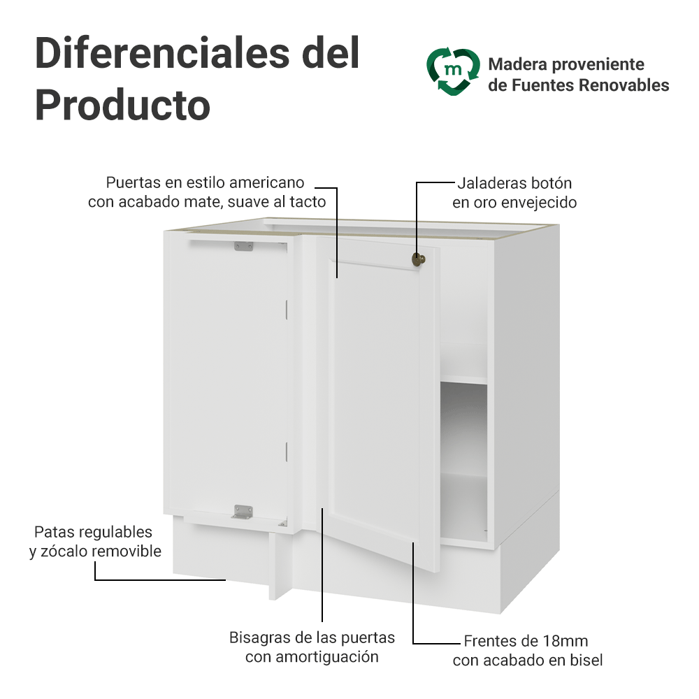 Bajo Mesada esquinero para Linha de 60 cm Profundidade (Sin Mesada) Blanco Vik Madesa