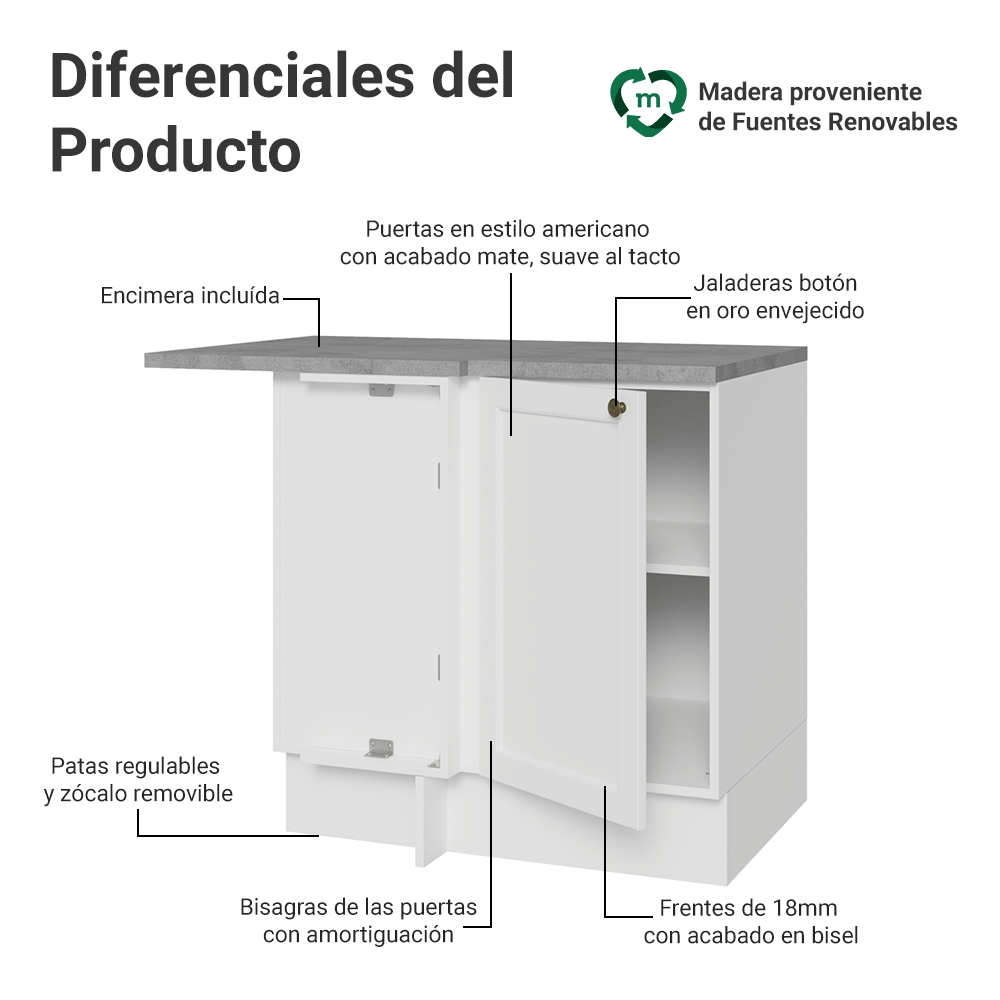 Bajo Mesada esquinero para Linha de 60 cm Profundidade (con Mesada) Blanco Vik Madesa