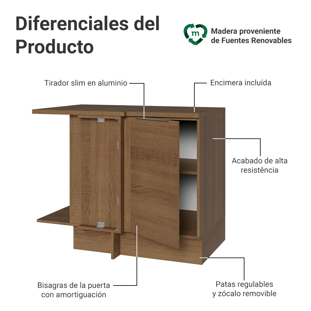 Bajo Mesada Cocina Esquinera 1 Puerta 60 cm Profundidad (Con Mesada) Marrón Stella Madesa