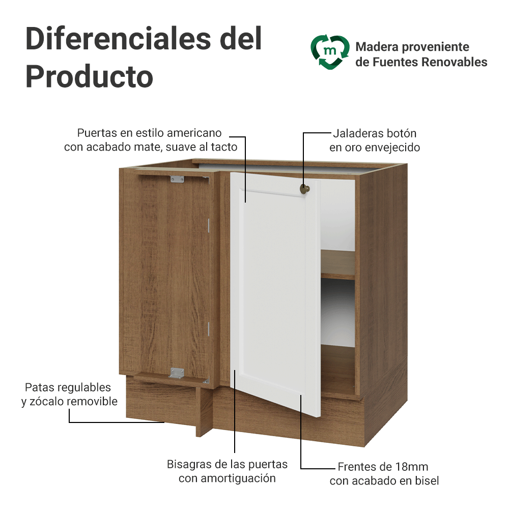 Bajo Mesada esquinero para Linha de 60 cm Profundidade (Sin Mesada) Marrón/Blanco Vik Madesa