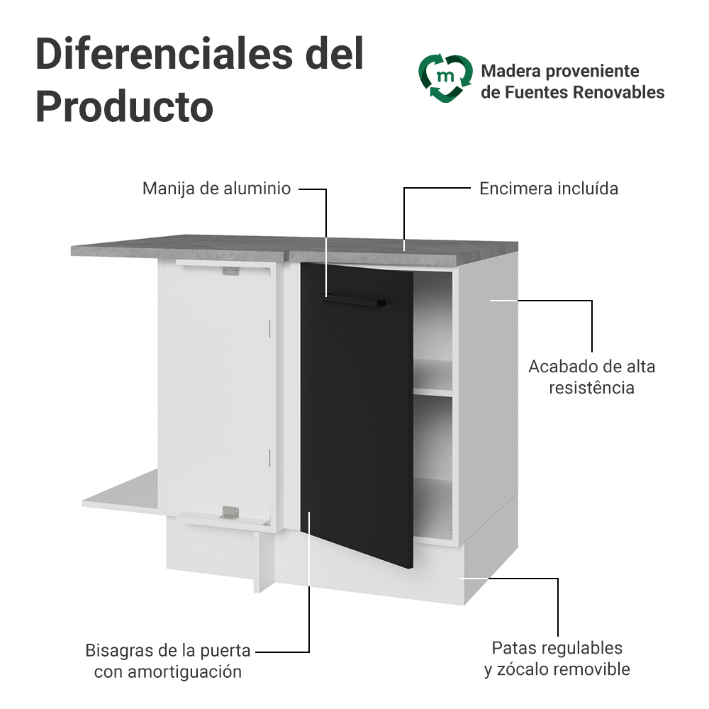 Bajo Mesada Cocina Esquinera 1 Puerta 60 cm Profundidad (Con Mesada) Blanco/Negro Agata Madesa