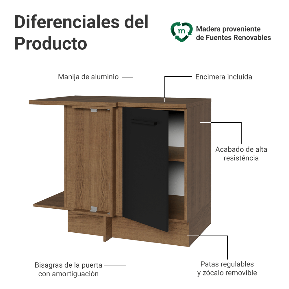 Bajo Mesada Cocina Esquinera 1 Puerta 60 cm Profundidad (Con Mesada) Marrón/Negro Agata Madesa