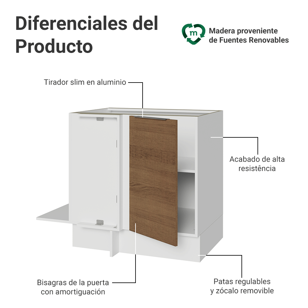 Bajo Mesada Cocina Esquinera 1 Puerta 60 cm Profundidad (Sin Mesada) Blanco/Marrón Stella Madesa