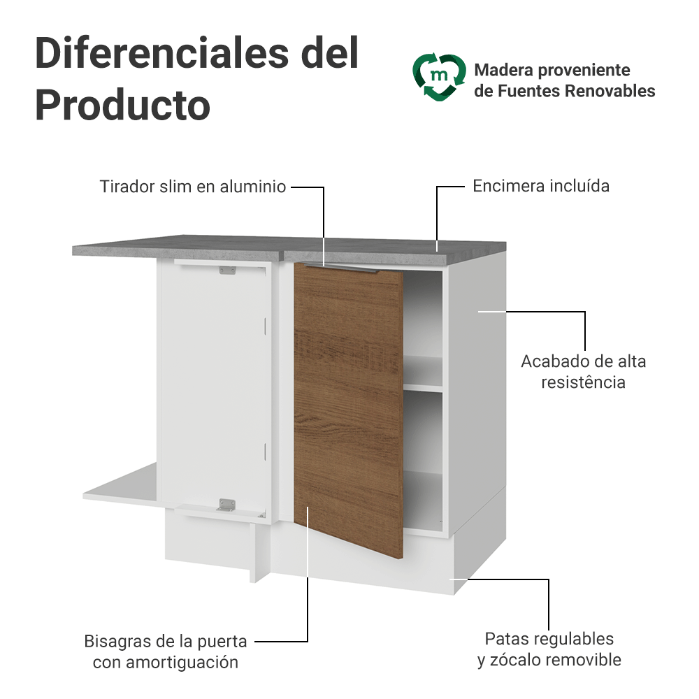 Bajo Mesada Cocina Esquinera 1 Puerta 60 cm Profundidad (Con Mesada) Blanco/Marrón Stella Madesa
