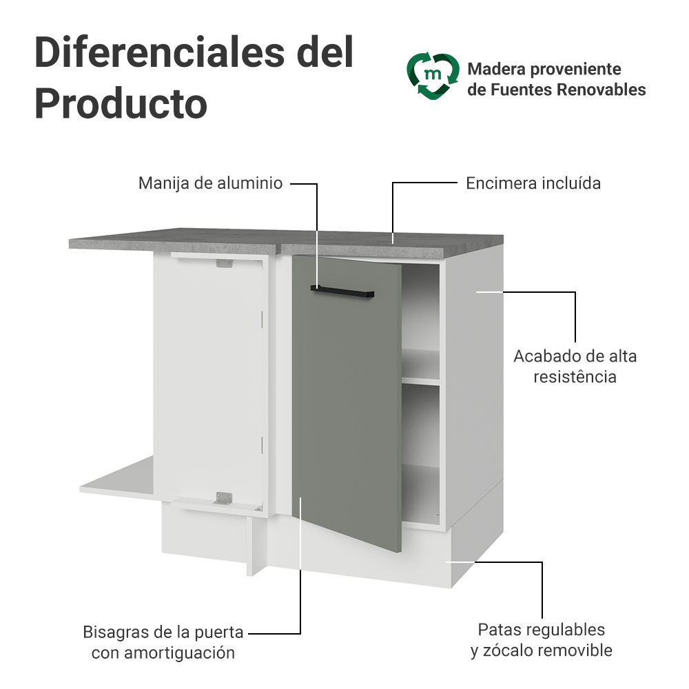 Bajo Mesada Cocina Esquinera 1 Puerta 60 cm Profundidad (Con Mesada) Blanco/Gris Agata Madesa