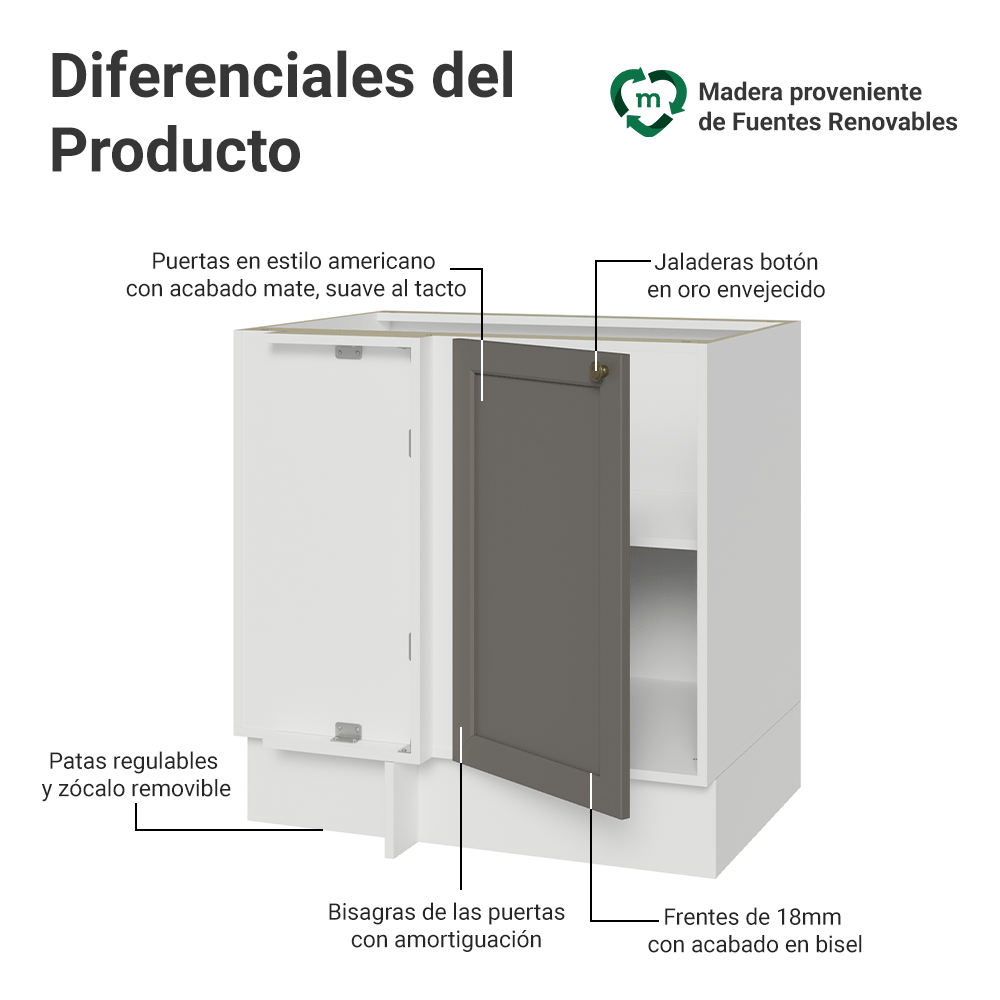 Bajo Mesada esquinero para Linha de 60 cm Profundidade (Sin Mesada) Blanco/Gris Vik Madesa