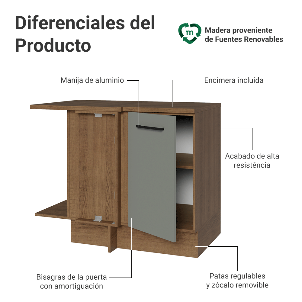 Bajo Mesada Cocina Esquinera 1 Puerta 60 cm Profundidad (Con Mesada) Marrón/Gris Agata Madesa