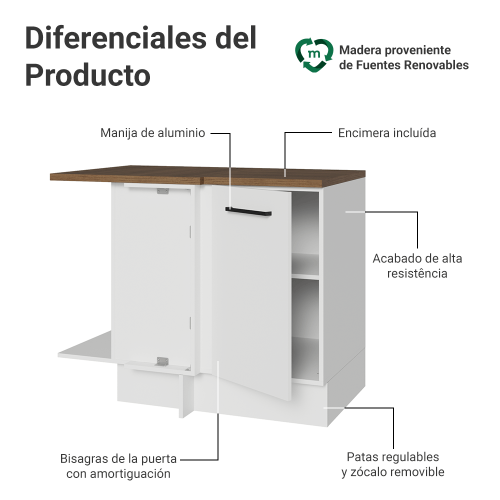 Bajo Mesada Esquinero 102 cm 1 Puerta Blanco/Marrón Agata Madesa