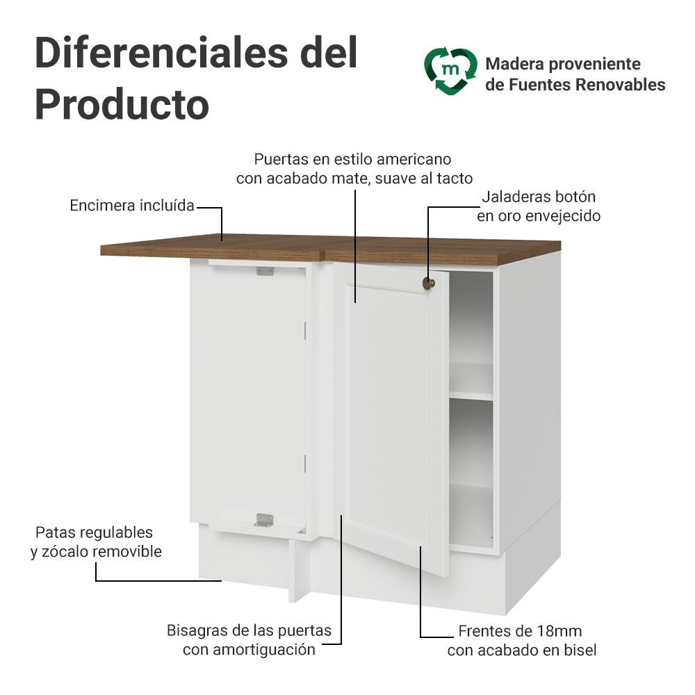 Bajo Mesada esquinero para Linha de 60 cm Profundidade (con Mesada) Blanco/Marrón Vik Madesa